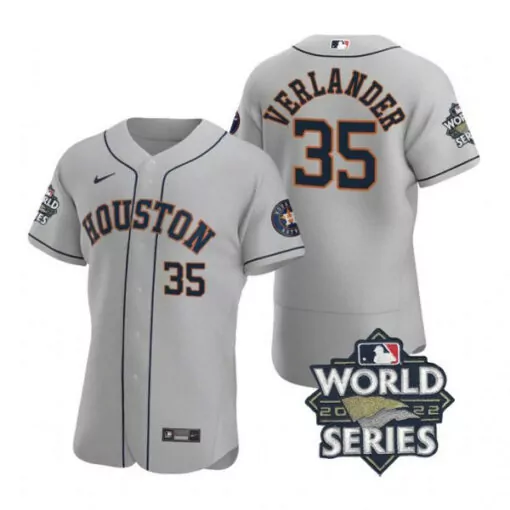 Justin Verlander 35 Jersey Gray 2022 World Series Houston Astros Men Navy Orange