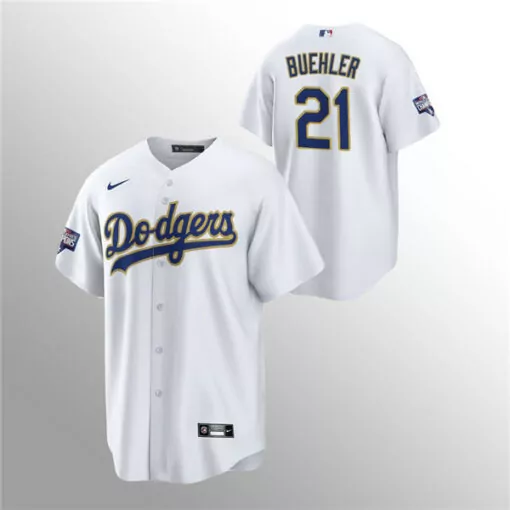 Walker Buehler 21 Dodgers Jersey White Championship Men Blue Gold Cool Base Stitched