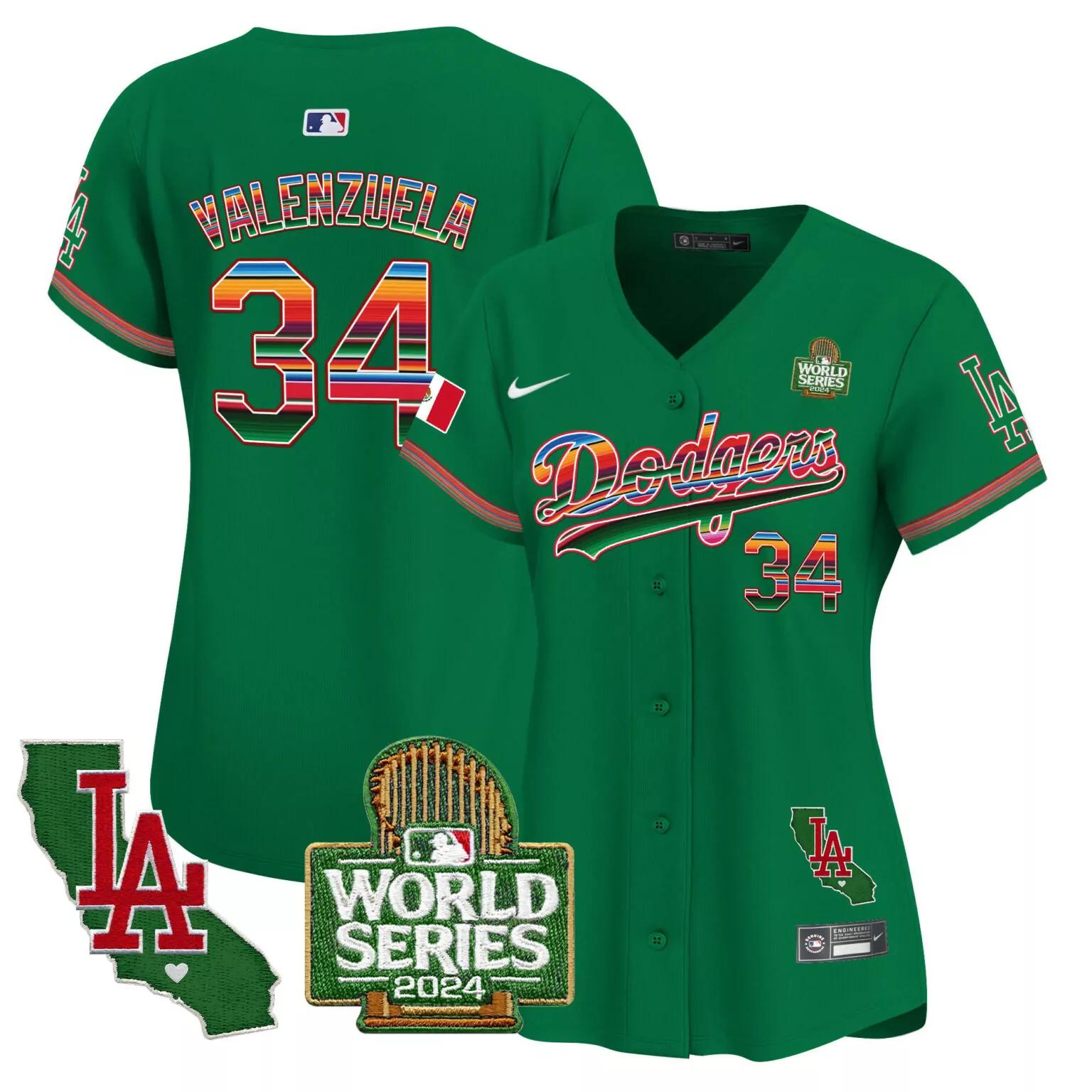 Fernando Valenzuela 34 Dodgers Jersey Green World Series 2024 California Map LA Men