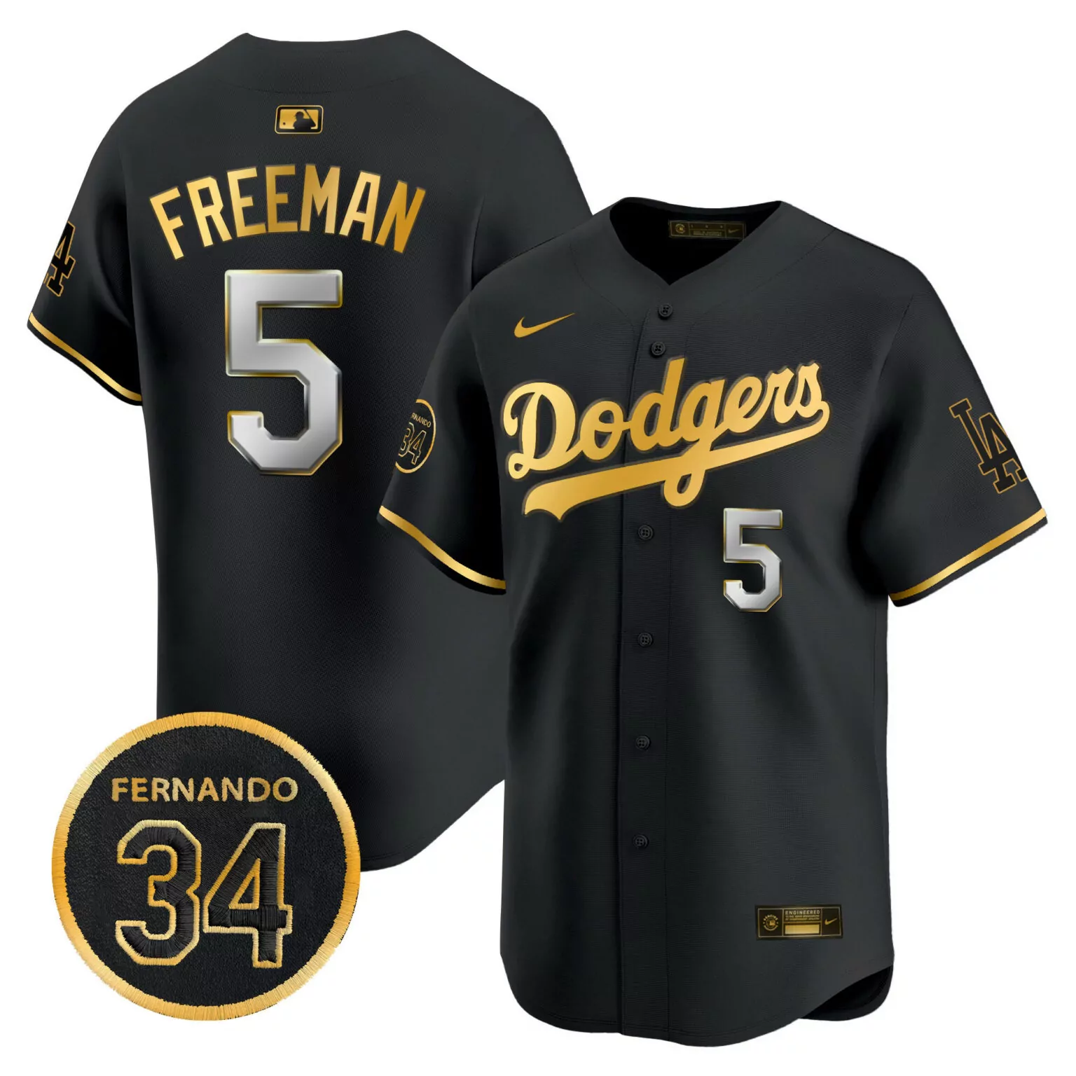 Freddie Freeman 5 Dodgers Jersey Black Men Gold All Stitched