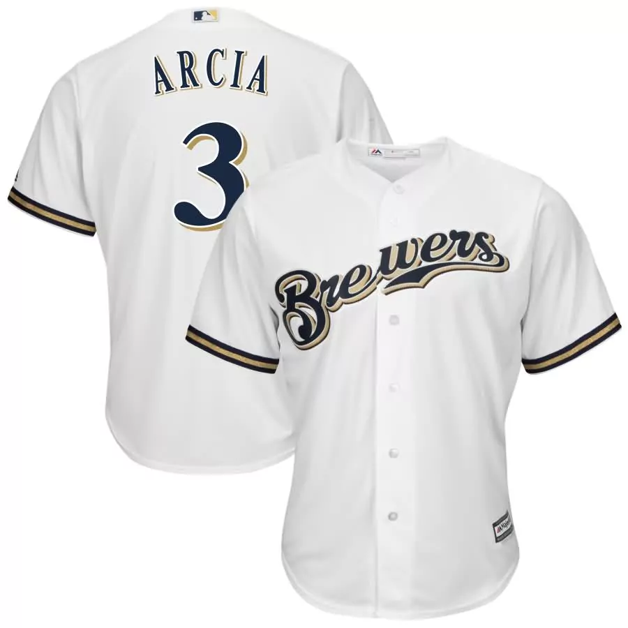 Orlando Arcia 3 Brewers Jersey White Men Navy Gold Cool Base Home