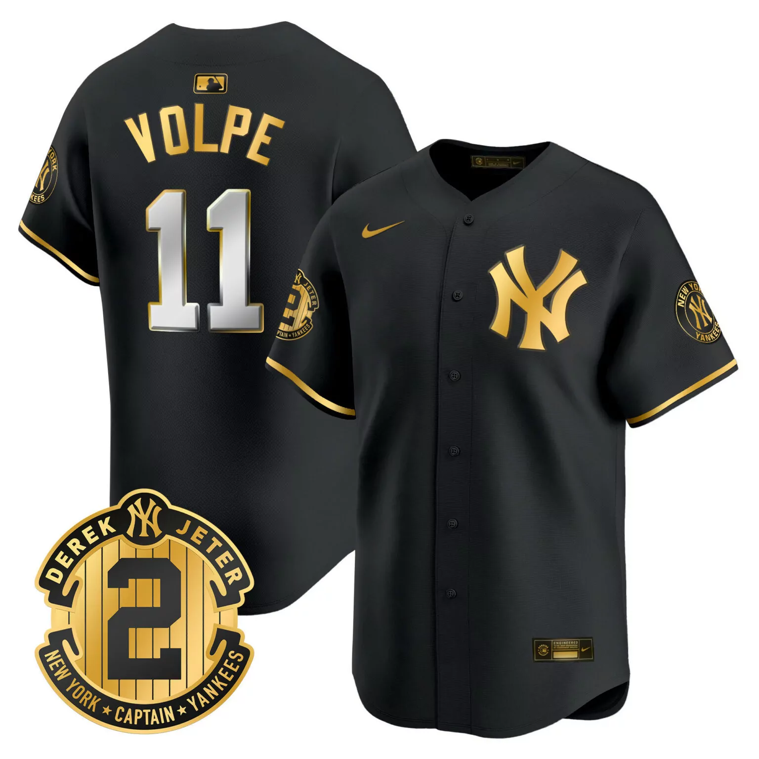 Anthony Volpe 11 New York Yankees Jersey Black Derek Jeter Captain Men Gold Silver