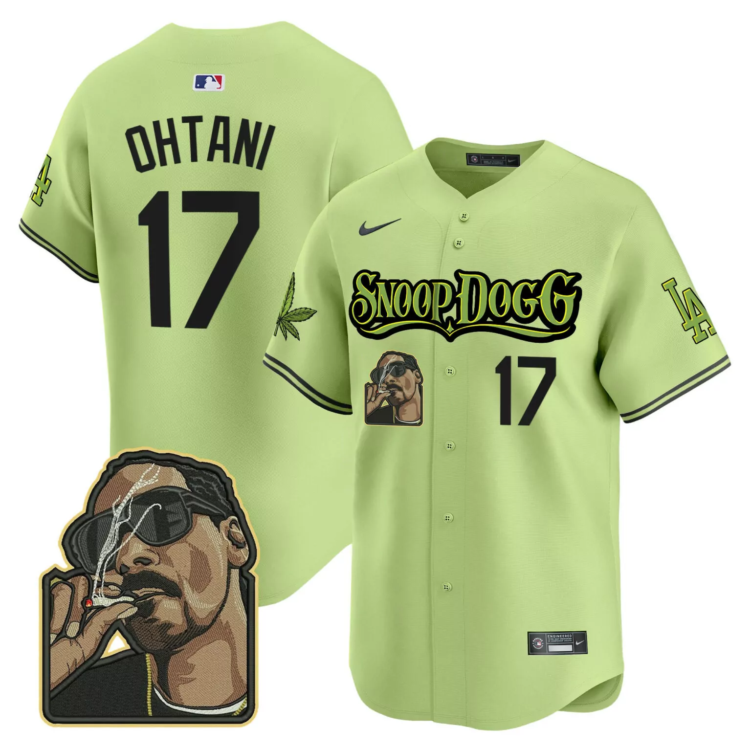 Shohei Ohtani 17 Dodgers Jersey Lime Green Snoop Dogg Portrait Marijuana Leaf Men