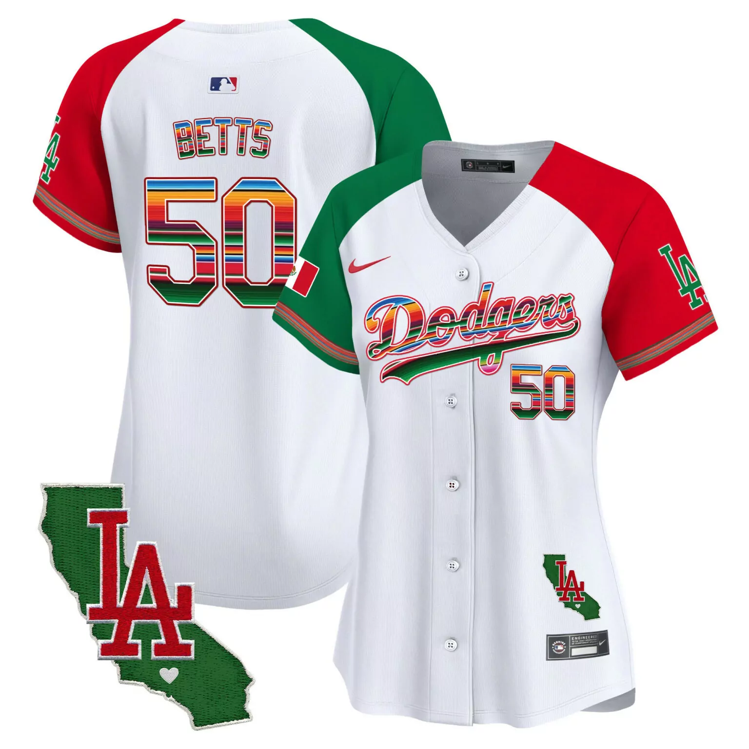 Mookie Betts 50 Dodgers Jersey White LA Map Heart Men Split Custom Design Red Green