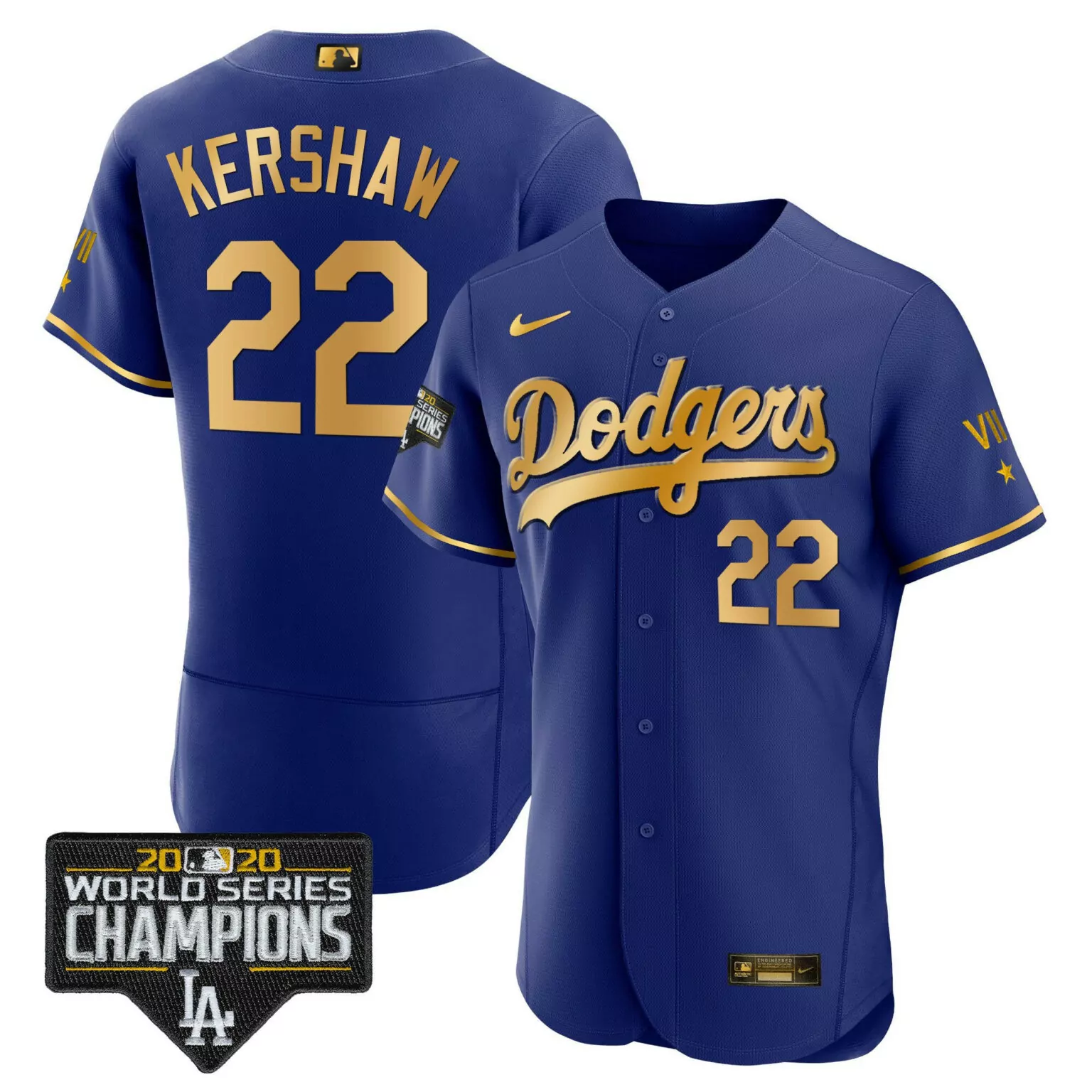 Clayton Kershaw 22 Dodgers Jersey Royal Blue 2020 World Series Champions Men Gold
