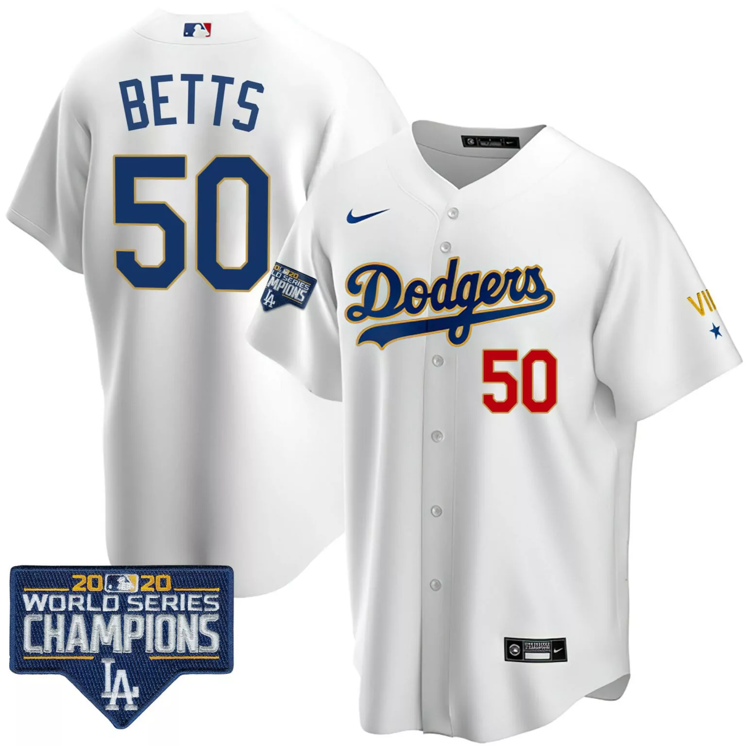 Mookie Betts 50 Dodgers Jersey White 2020 World Series Champions Men Blue Gold Cool