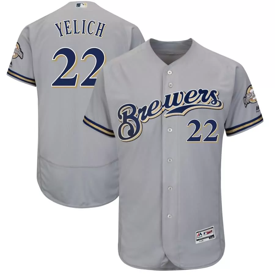 Christian Yelich 22 Brewers Jersey Grey Milwaukee Men Navy Yellow Collection Flex