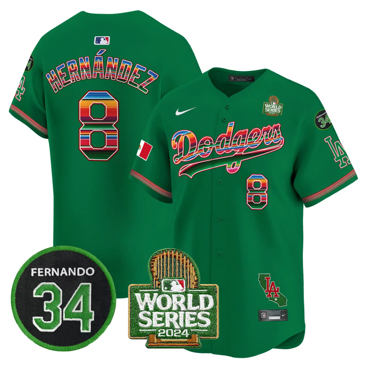 Kike Hernandez 8 Dodgers Jersey Green Cinco De Mayo World Series 2024 Mexico Flag