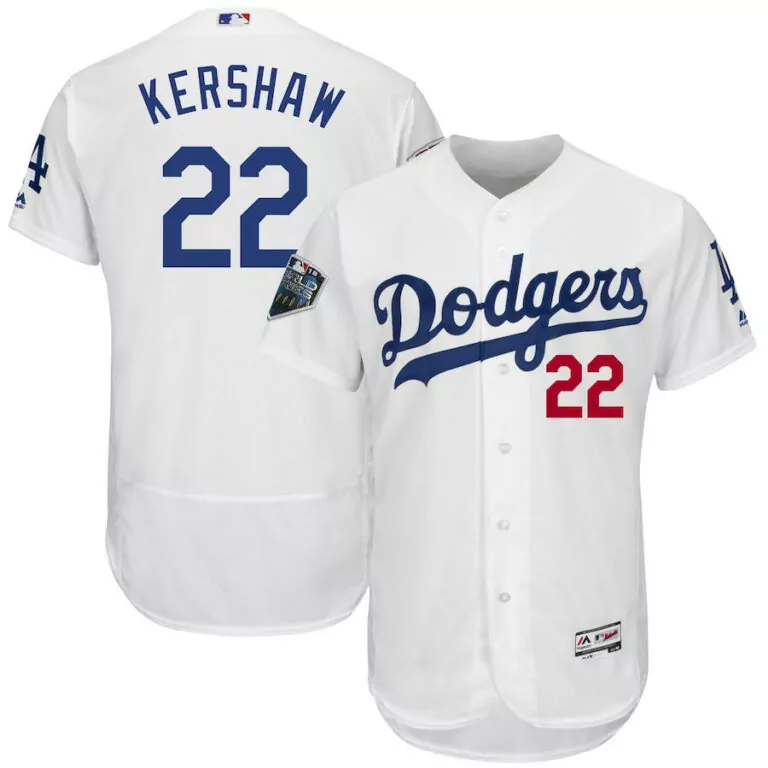 Clayton Kershaw 22 Dodgers Jersey White World Series Men Blue Red Flex Base Stitched