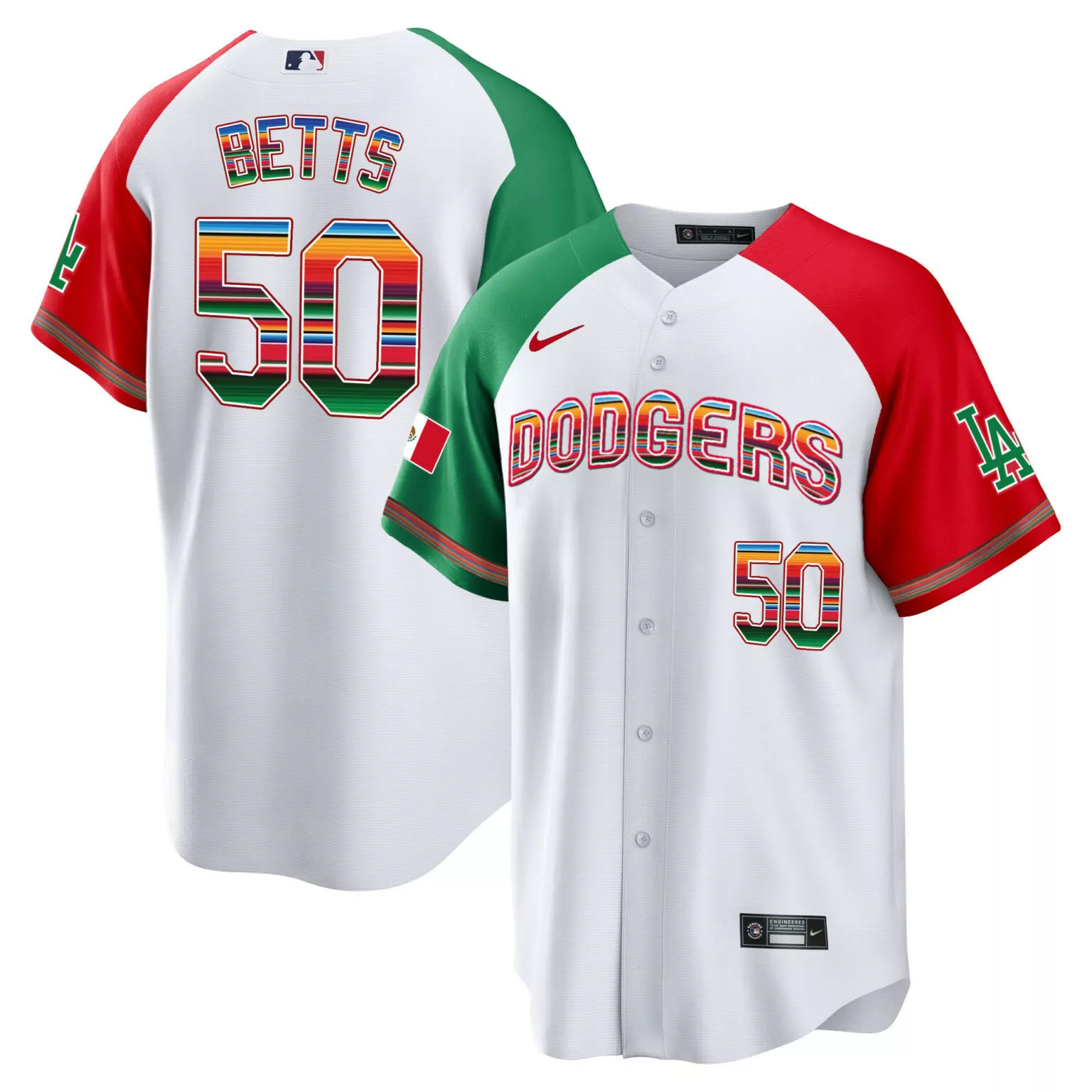 Mookie Betts 50 Dodgers Jersey White Cinco De Mayo Mexico Flag Men Split Design Red