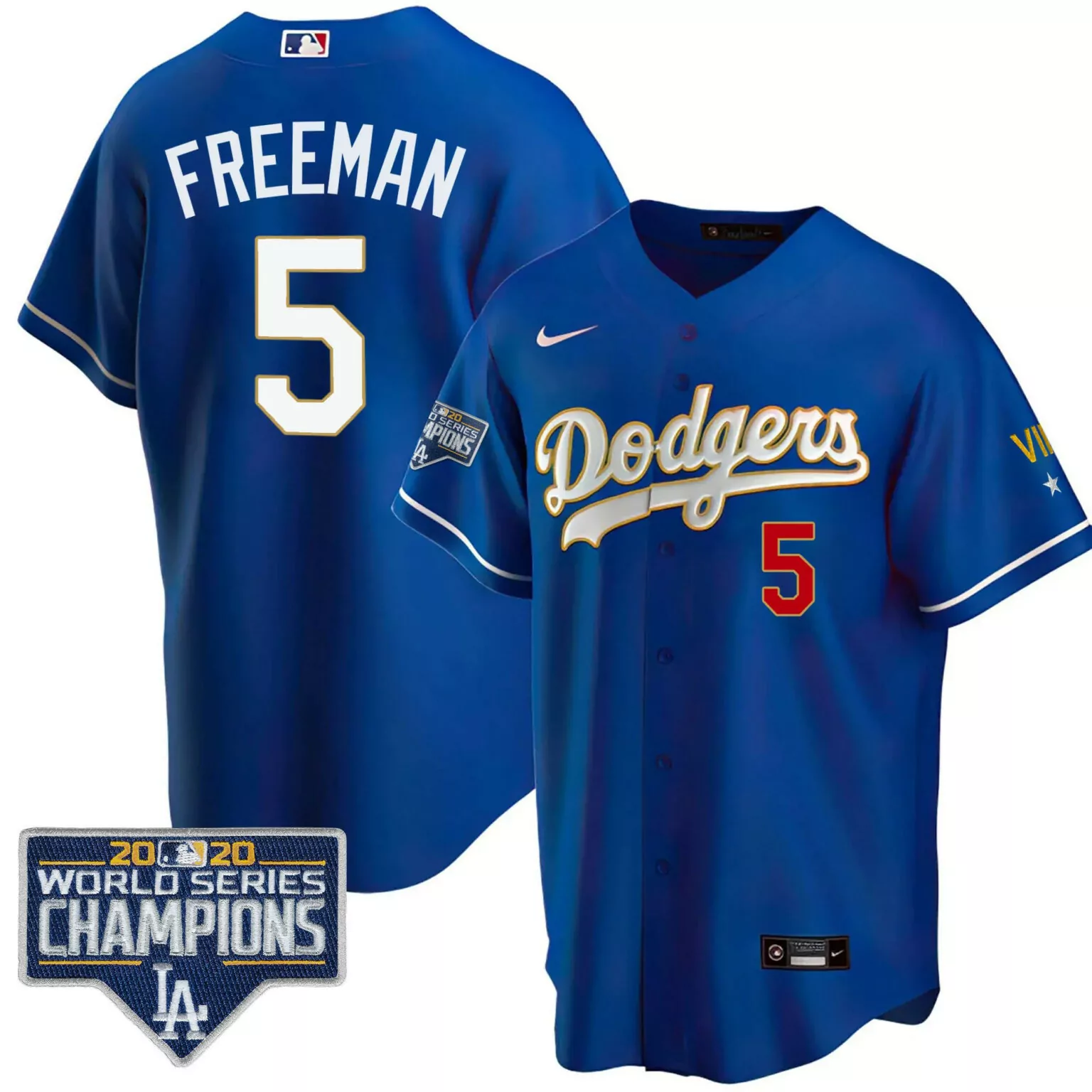 Freddie Freeman 5 Dodgers Jersey Blue 2020 World Series Champions Men White Gold
