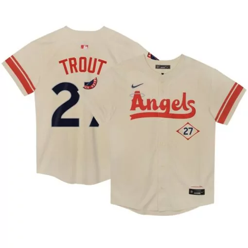 Mike Trout 27 Angels Jersey Cream Men Red Navy