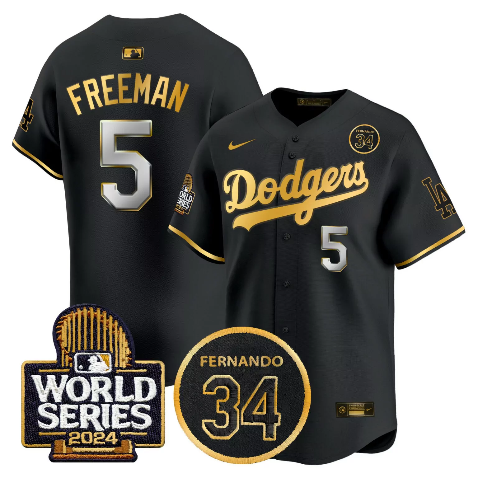 Freddie Freeman 5 Dodgers Jersey Black 2024 World Series Fernando 34 Men Gold All