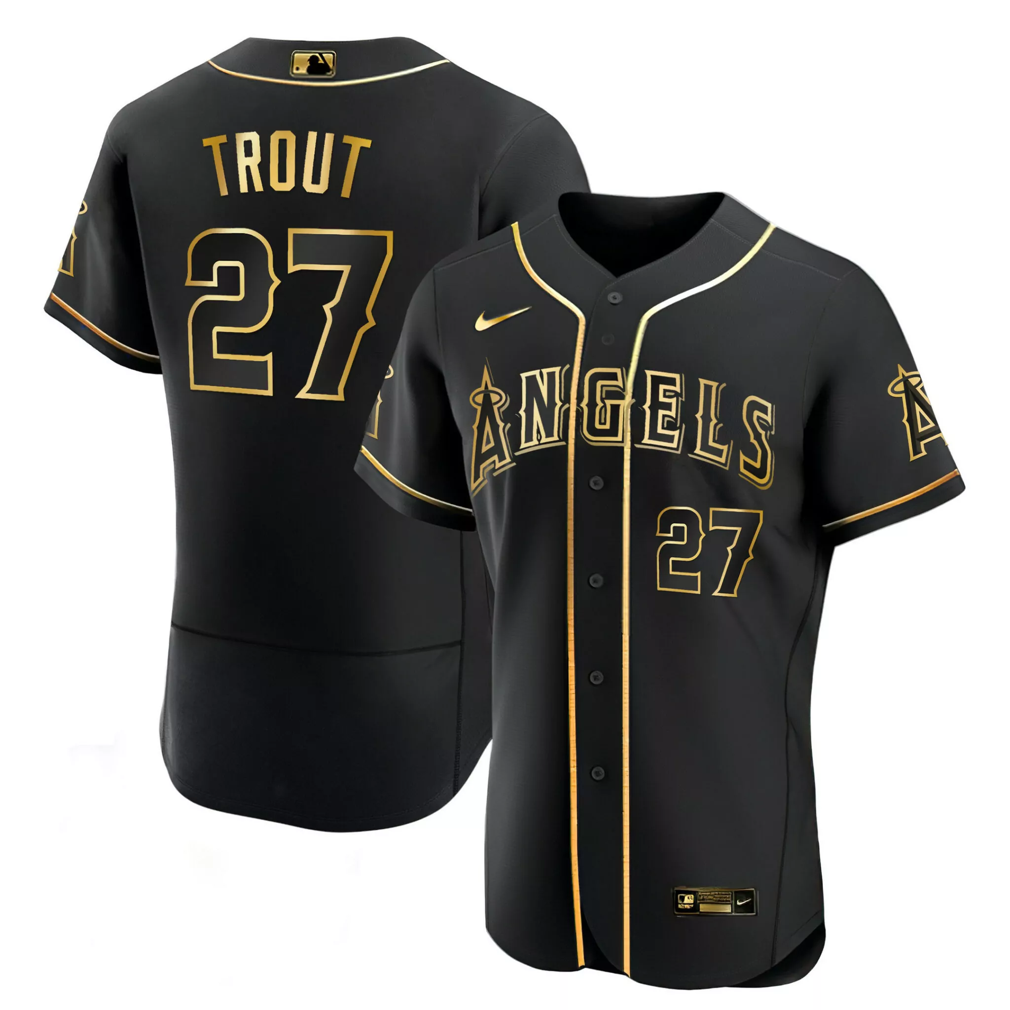 Mike Trout 27 Angels Jersey Black Men Gold All Stitched