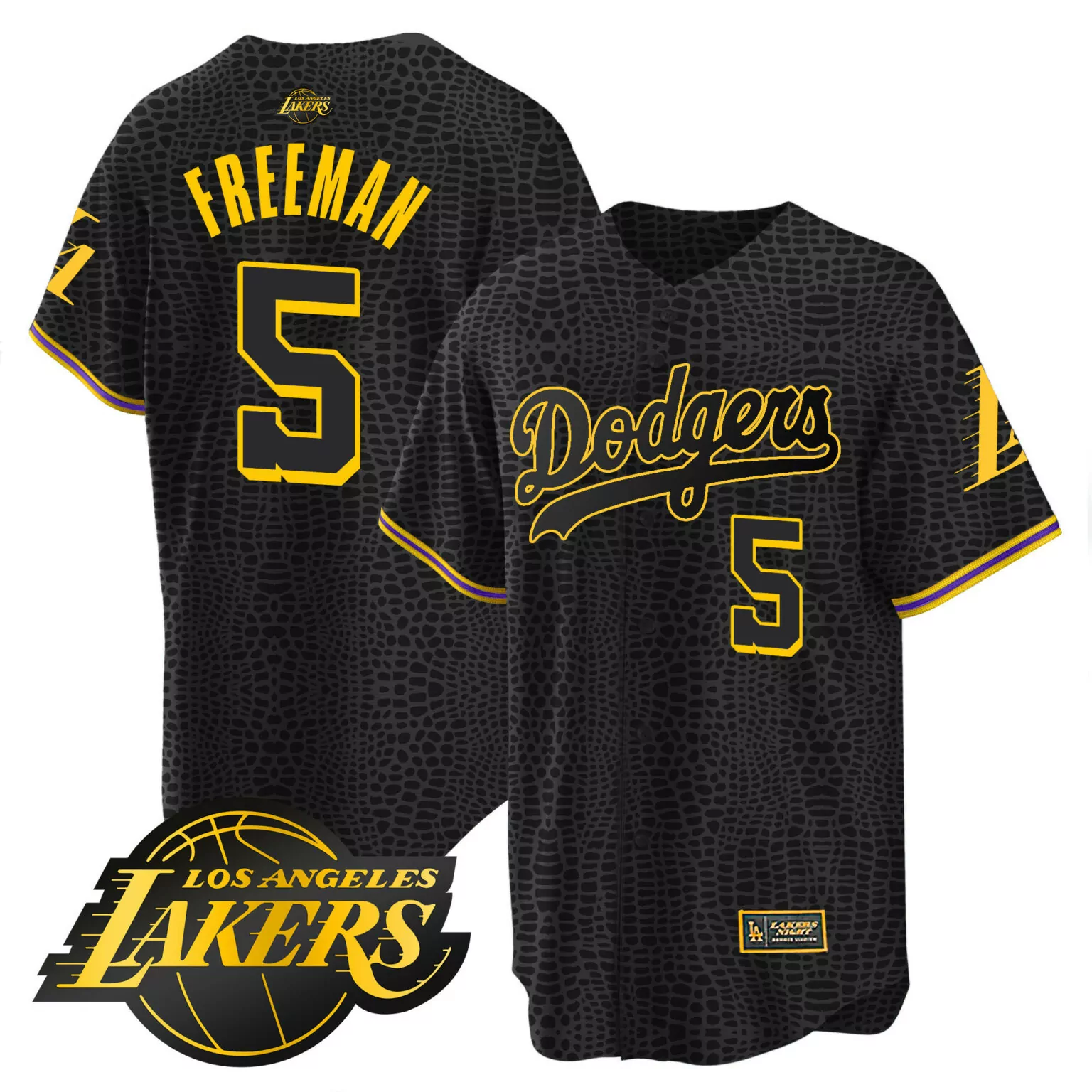 Freddie Freeman 5 Dodgers Jersey Black X Lakers Los Angeles 2023 Men Yellow Purple