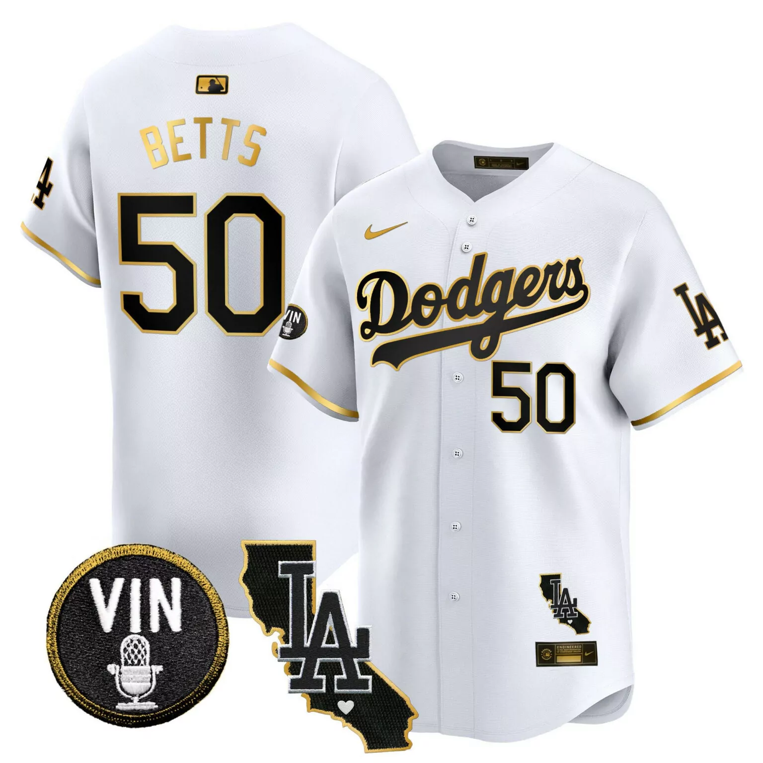 Mookie Betts 50 Dodgers Jersey White City Connect Vin California LA Men Gold Black