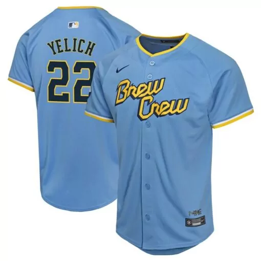 Christian Yelich 22 Brew Crew Jersey Light Blue Yellow White Navy