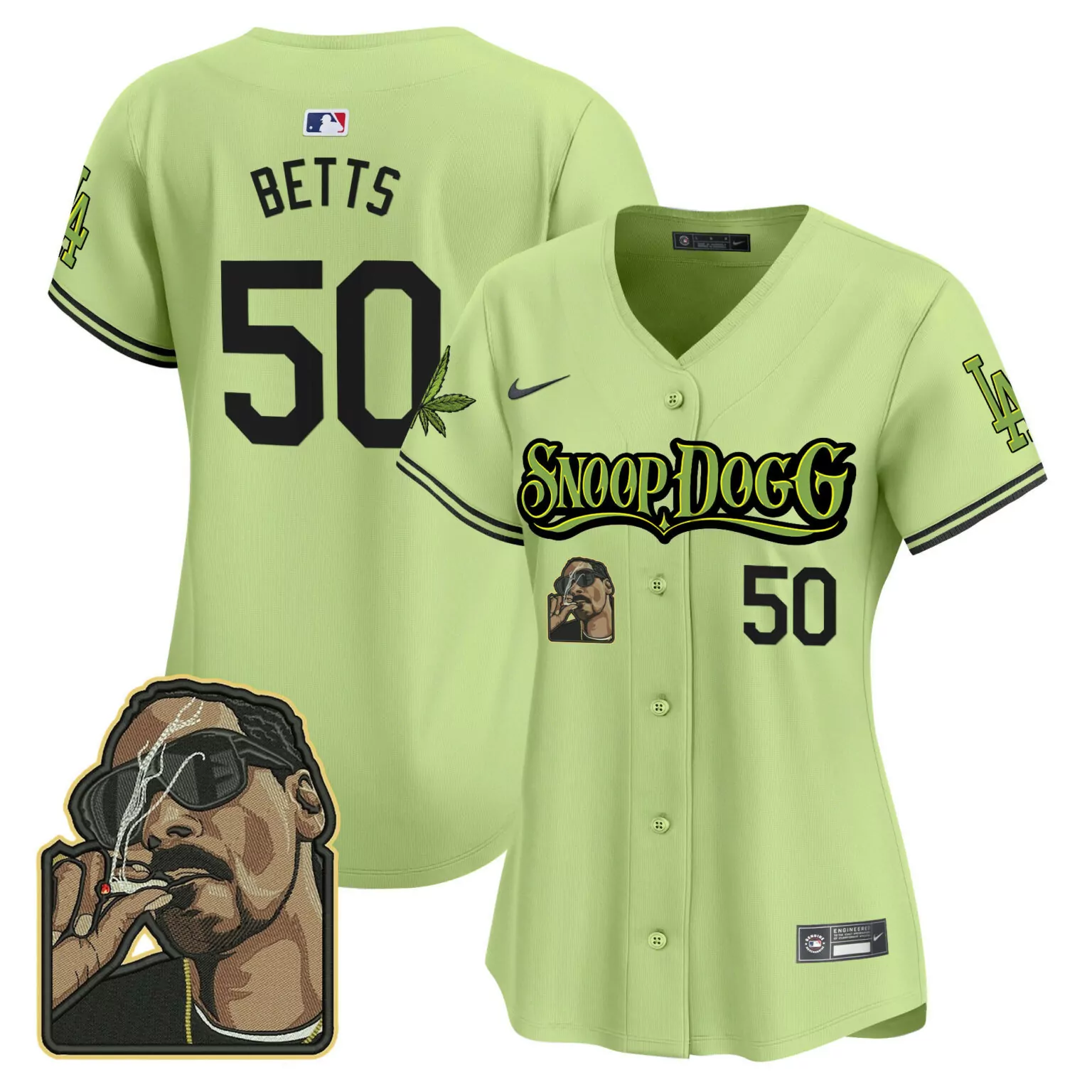 Mookie Betts 50 Jersey Lime Green Snoop Dogg Los Angeles Dodgers Women Black White