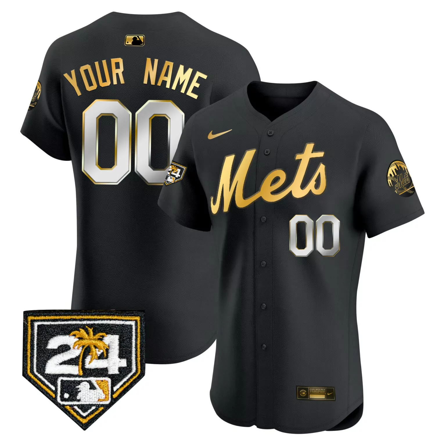 Custom Mets Jersey Black 24 Palm Tree Skyline Gold White Silver Vapor Elite v2 All