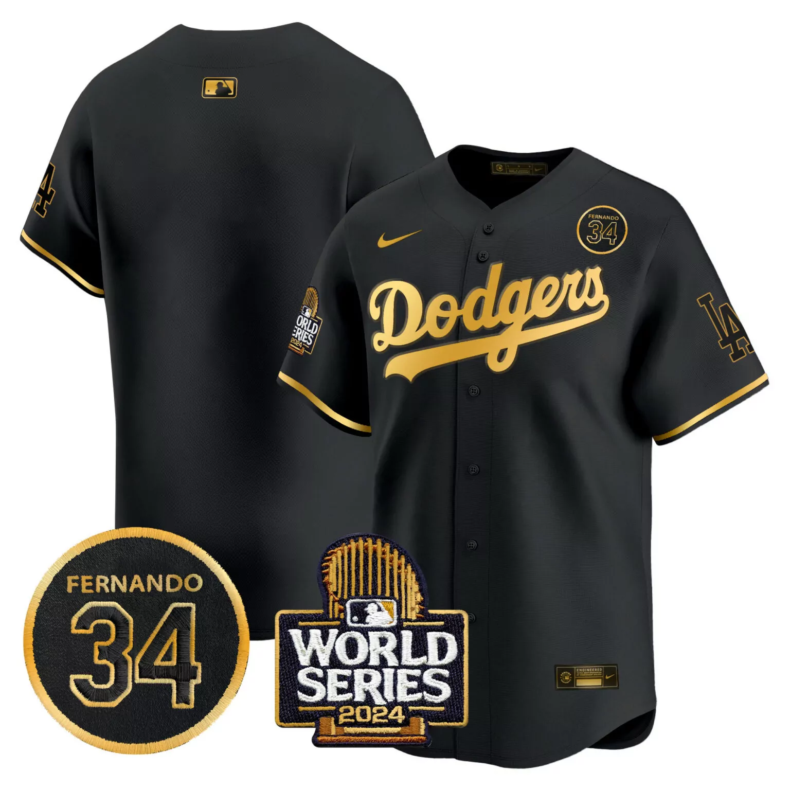 Fernando 34 Dodgers Jersey Black World Series 2024 Men Gold v2 All Stitched