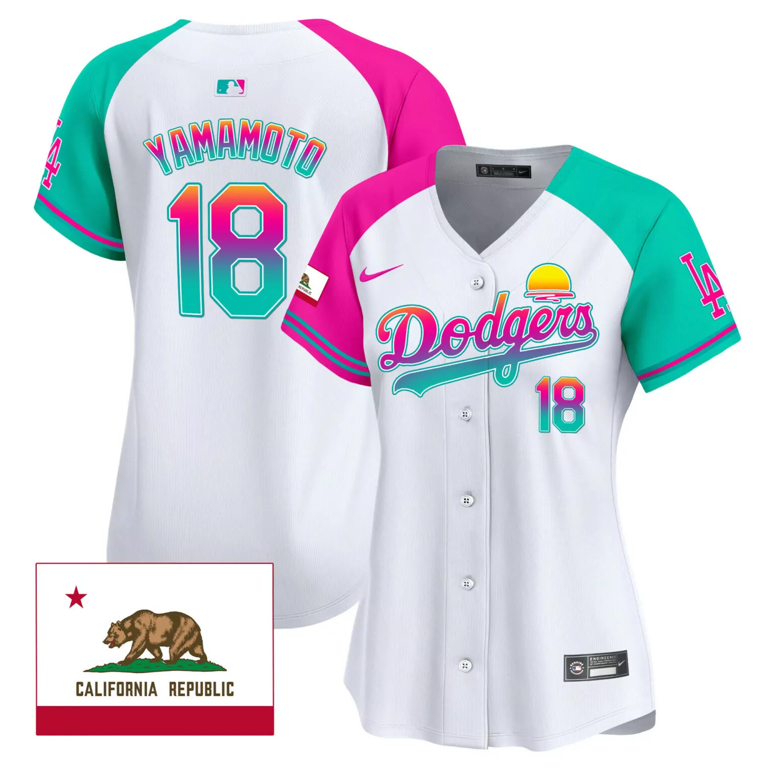 Yamamoto City 18 Dodgers Jersey White California Republic Men Split Design Teal Pink