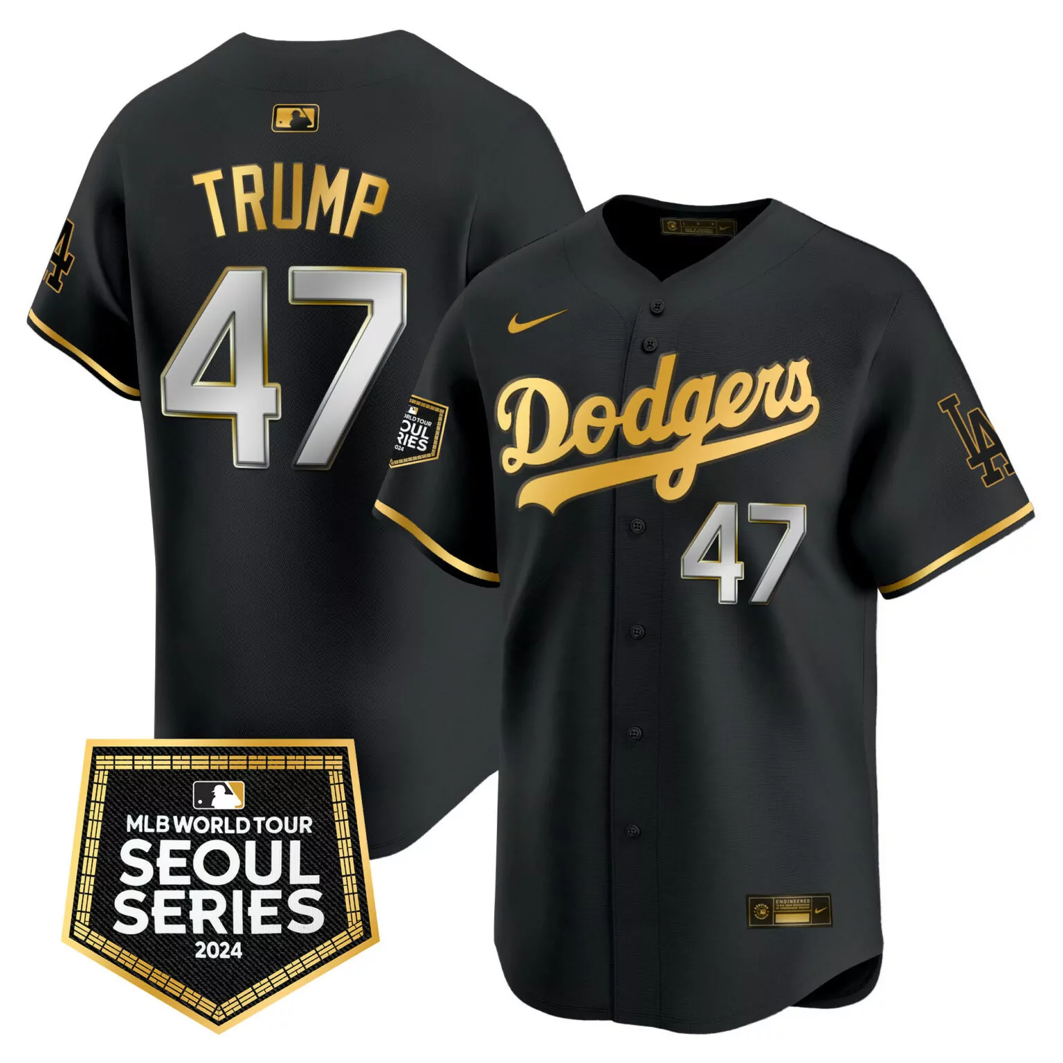 Donald Trump 47 Dodgers Jersey Black Men Gold Silver All Stitched