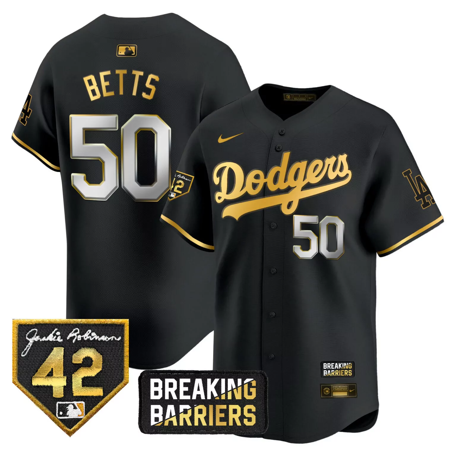 Mookie Betts 50 Dodgers Jersey Black Breaking Barriers Jackie Robinson 42 Men Gold