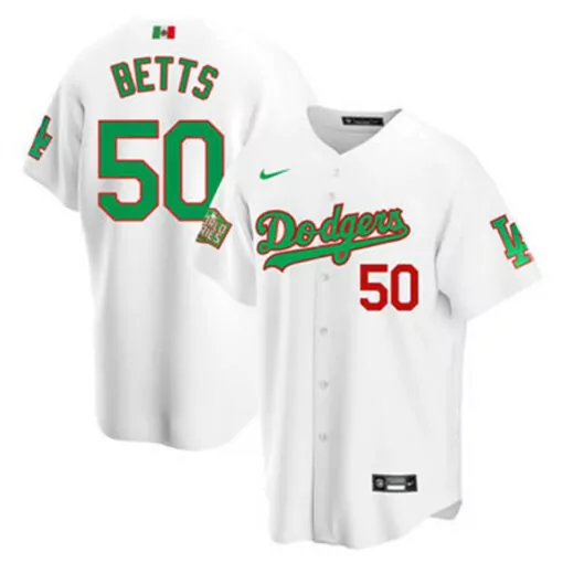 Mookie Betts 50 Dodgers Jersey White World Series Men Green Red Stitched