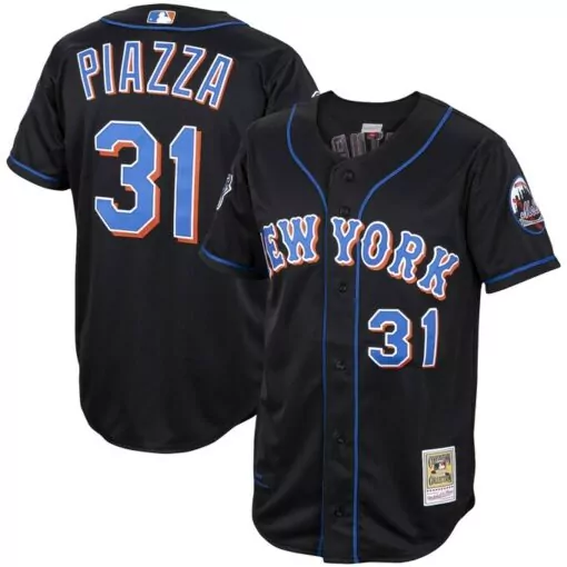 Mike Piazza 31 New York Mets Jersey Black Men Alternate Blue Orange Cooperstown Collection