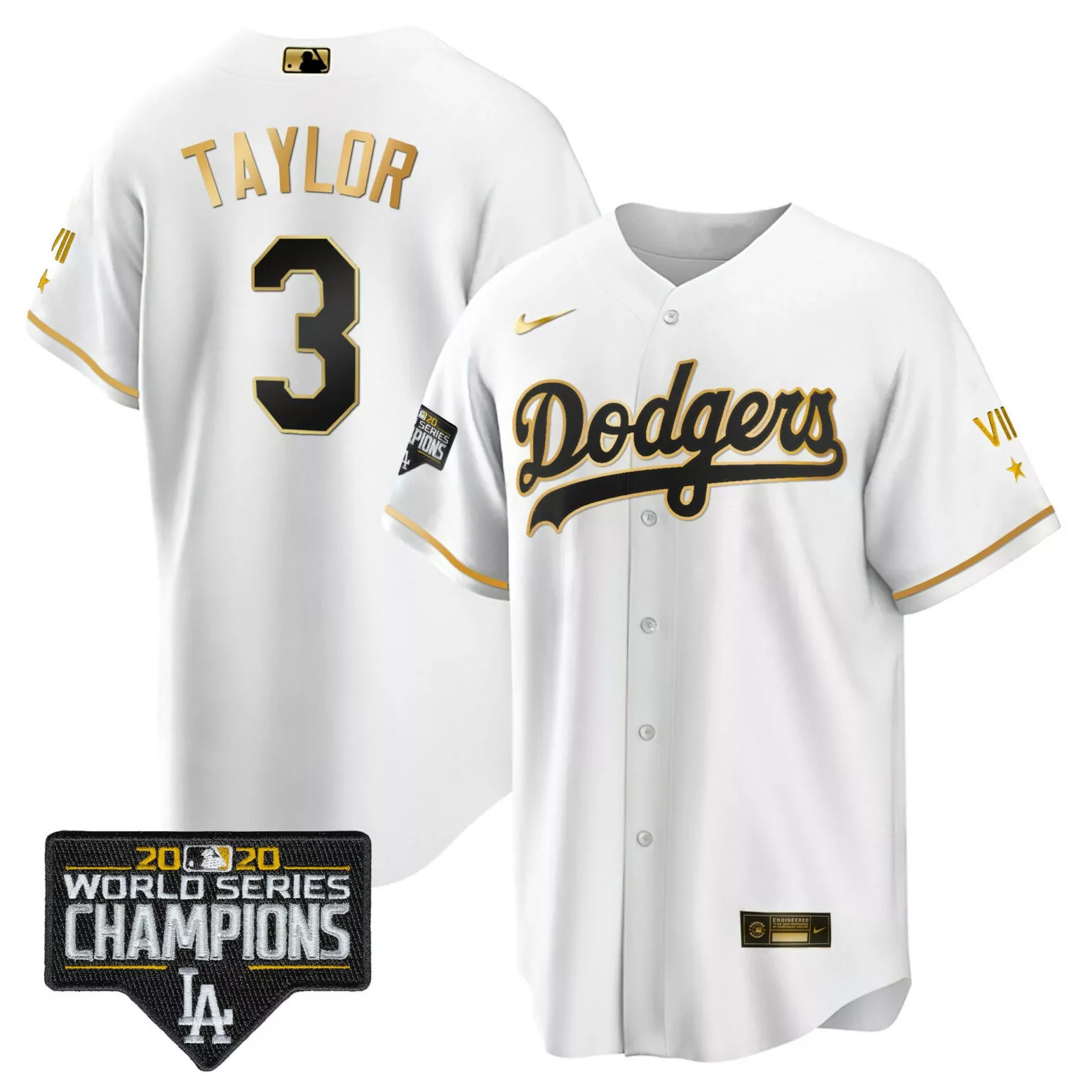 Chris Taylor 3 Dodgers Jersey White 2020 World Series Champions Men Black Gold Cool