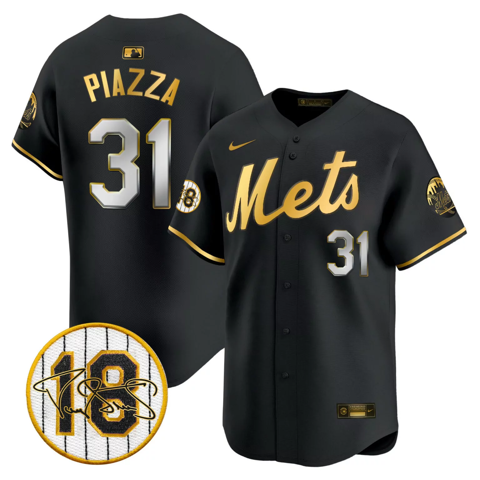 Mike Piazza 31 Mets Jersey Black City Skyline Men Gold Silver All Stitched