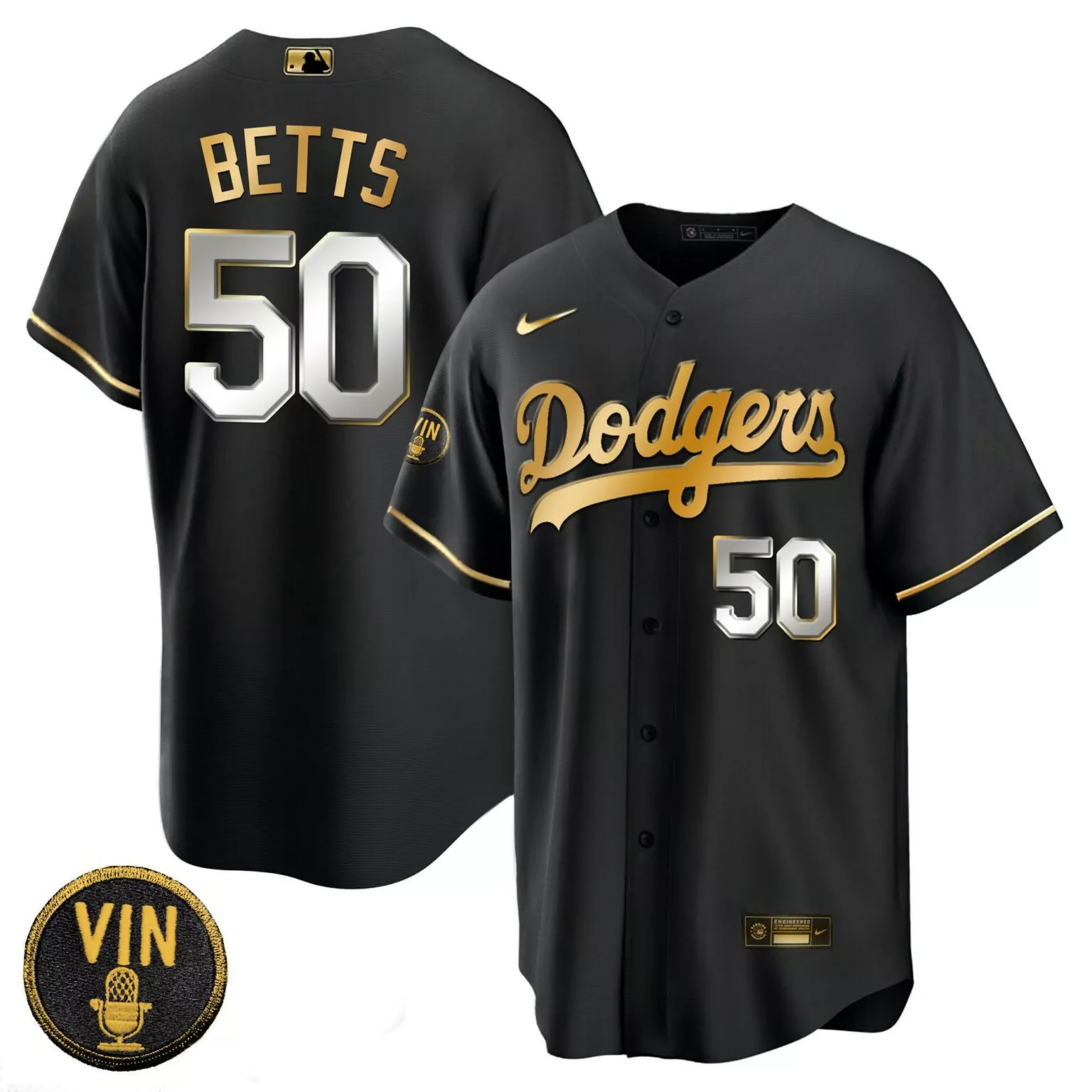 Mookie Betts 50 Dodgers Jersey Black Vin Men Gold Silver