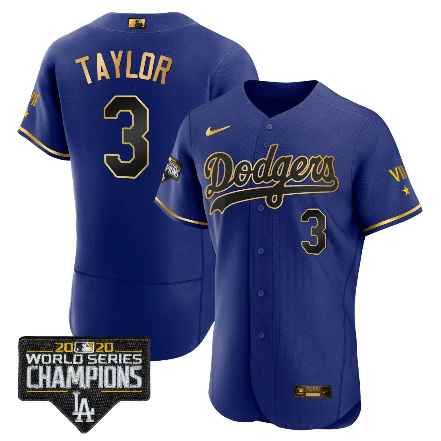 Chris Taylor 3 Dodgers Jersey Blue 2020 World Series Champions Men Gold Flex All