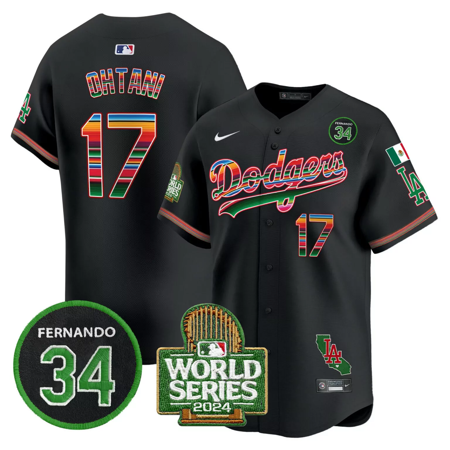 Shohei Ohtani 17 Dodgers Jersey Black World Series 2024 Mexican Flag LA Men Split