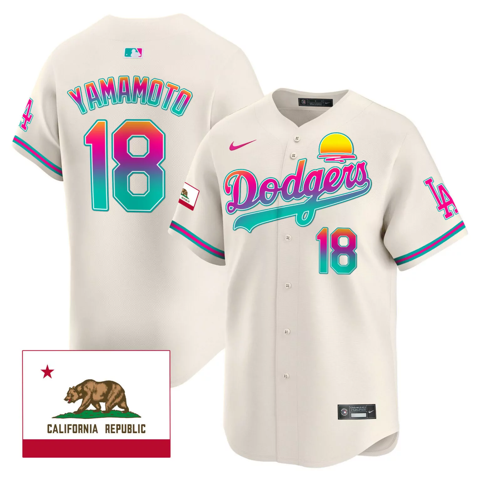 Yamamoto City 18 Dodgers Jersey Cream Connect California Republic Flag Split Design