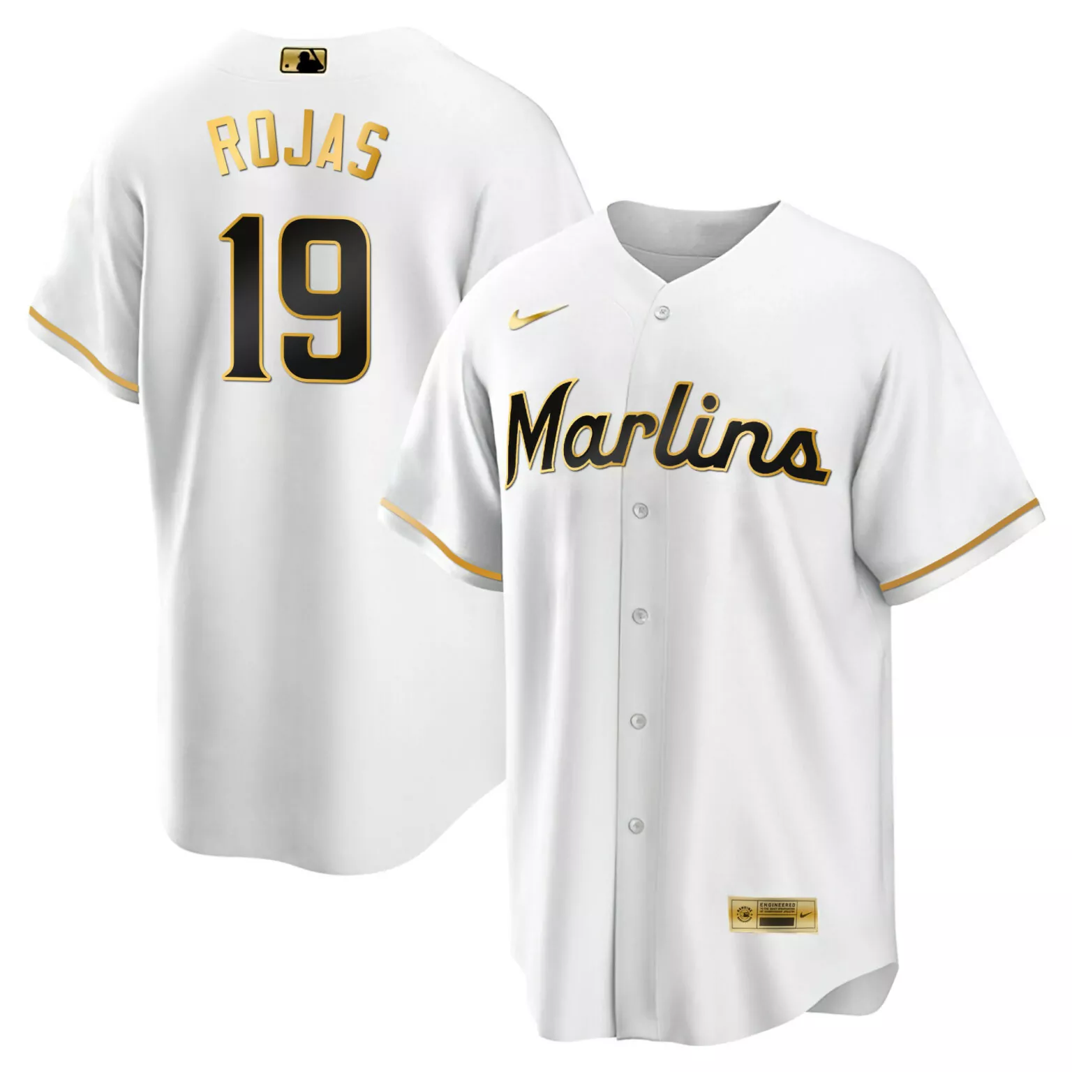 Miguel Rojas 19 Marlins Jersey White Nike Vapor Untouchable Men Black Gold Cool All
