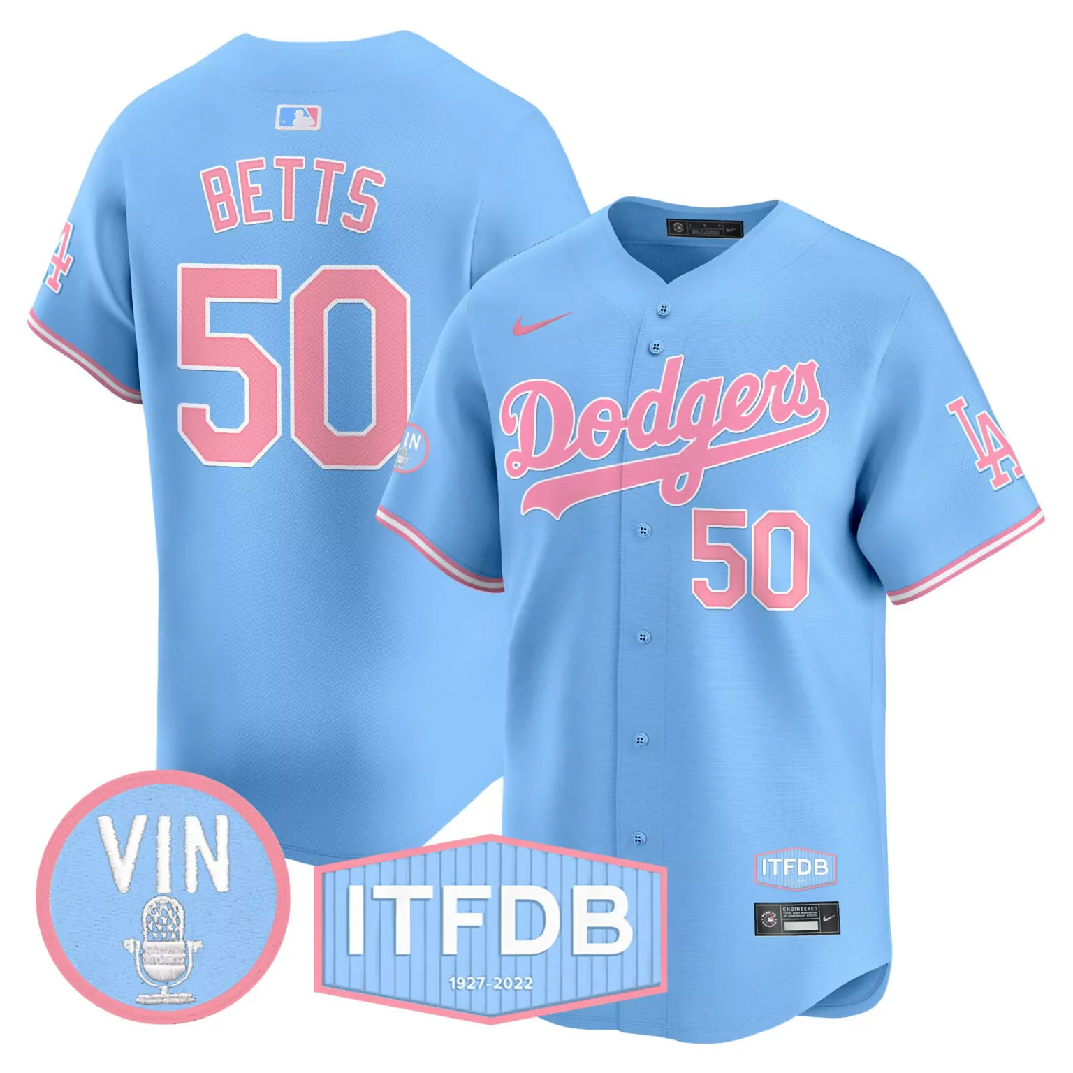 Mookie Betts 50 Dodgers Jersey Blue Vin Itfdb 1927-2022 Men Pink Unisex All Stitched