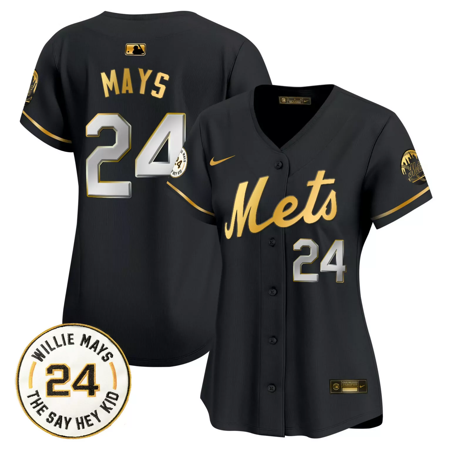 Willie Mays 24 New York Mets Jersey Black Skyline Men Gold White All Stitched