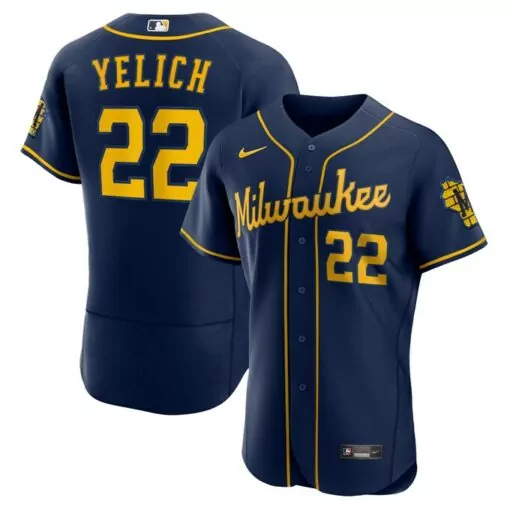 Christian Yelich 22 Jersey Navy Milwaukee Brewers Men Yellow Alternate