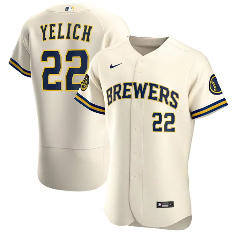 Christian Yelich 22 Brewers Jersey Cream 50th Anniversary Men Navy Yellow Home