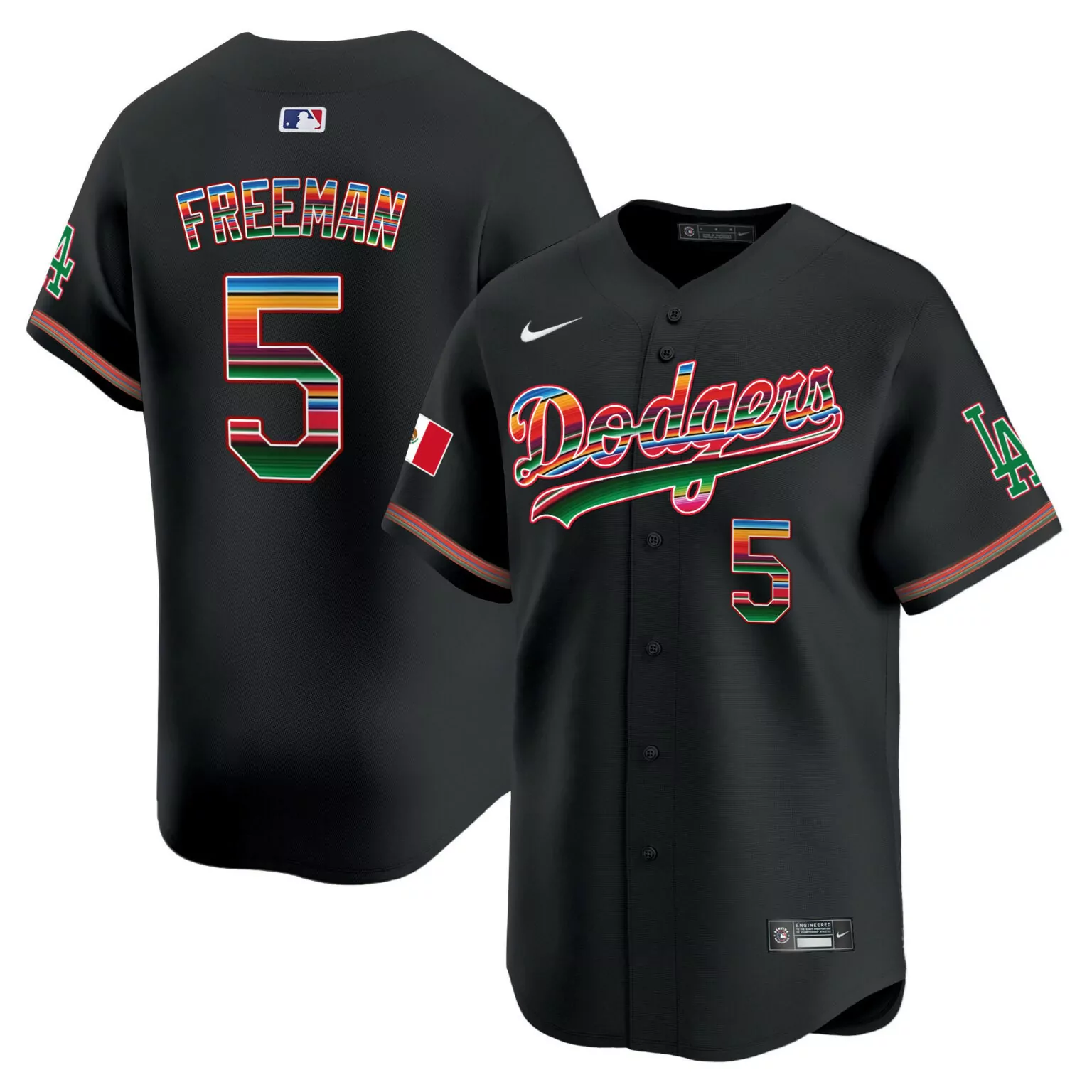 Freddie Freeman 5 Dodgers Jersey Black Fiesta Mexico Flag Men Split Design Red Yellow