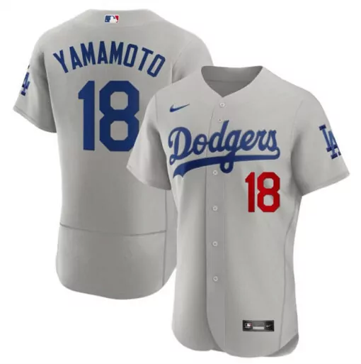 Yoshinobu Yamamoto 18 Dodgers Jersey Gray Men Blue Red Flex Base Stitched