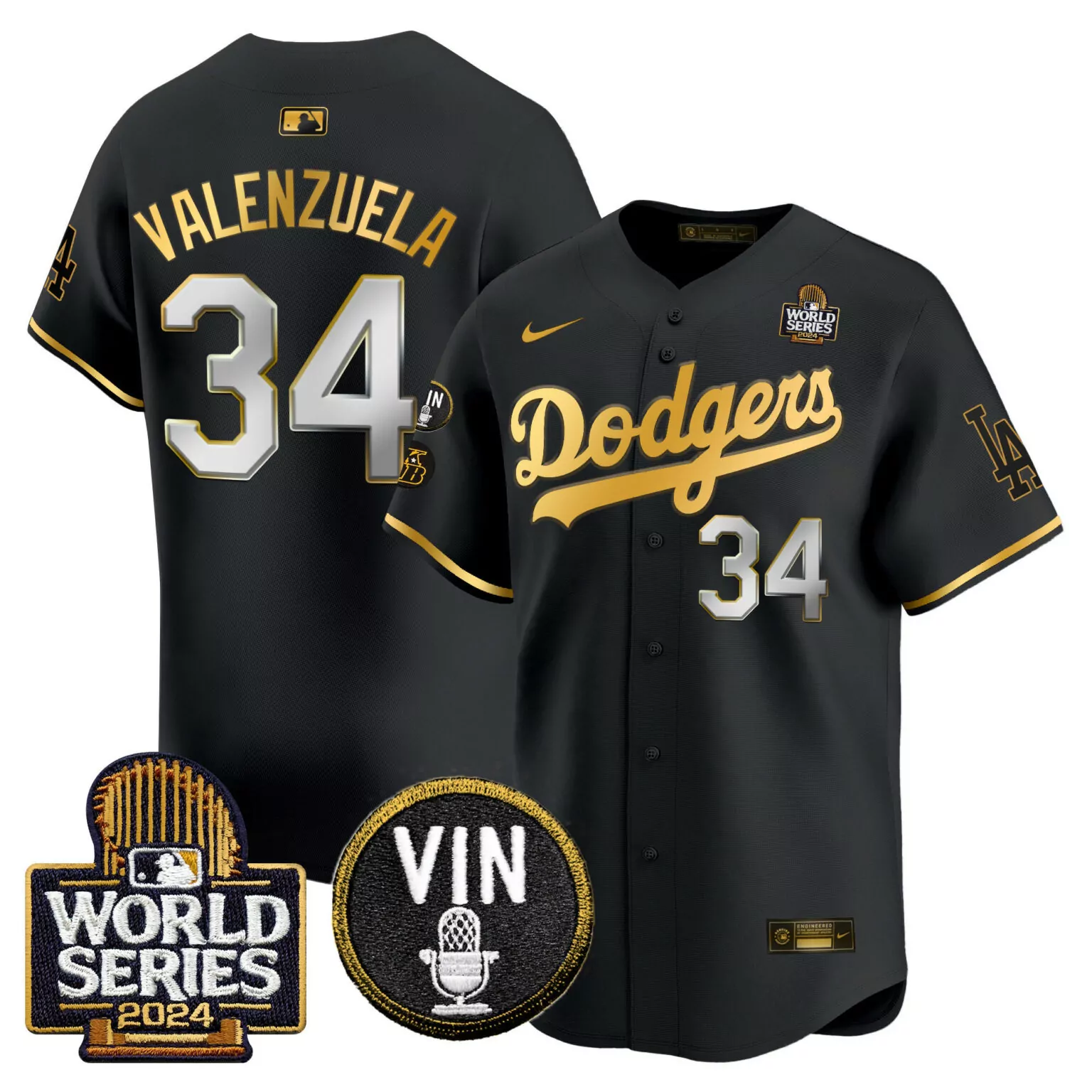 Fernando Valenzuela 34 Dodgers Jersey Black World Series 2024 Vin Men Gold White