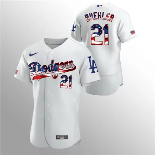 Walker Buehler 21 Dodgers Jersey White American Flag Men Blue Red Flex Base Stitched