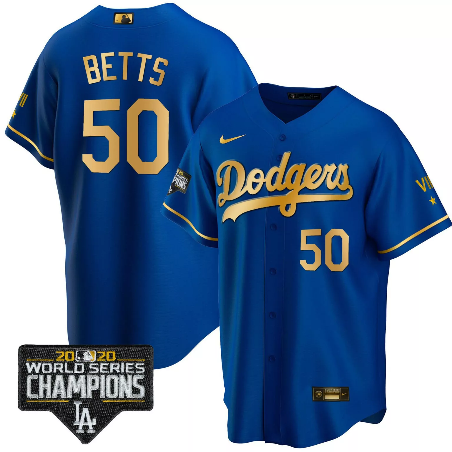Mookie Betts 50 Dodgers Jersey Blue 2020 World Series Champions Men Gold Cool All