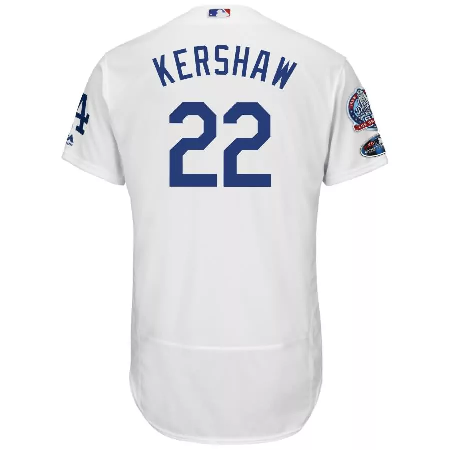 Clayton Kershaw 22 Jersey White Los Angeles Dodgers 1958 2018 Postseason Men Blue
