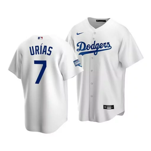 Julio Urias 7 Dodgers Jersey White World Series Champions Men Blue Home Stitched