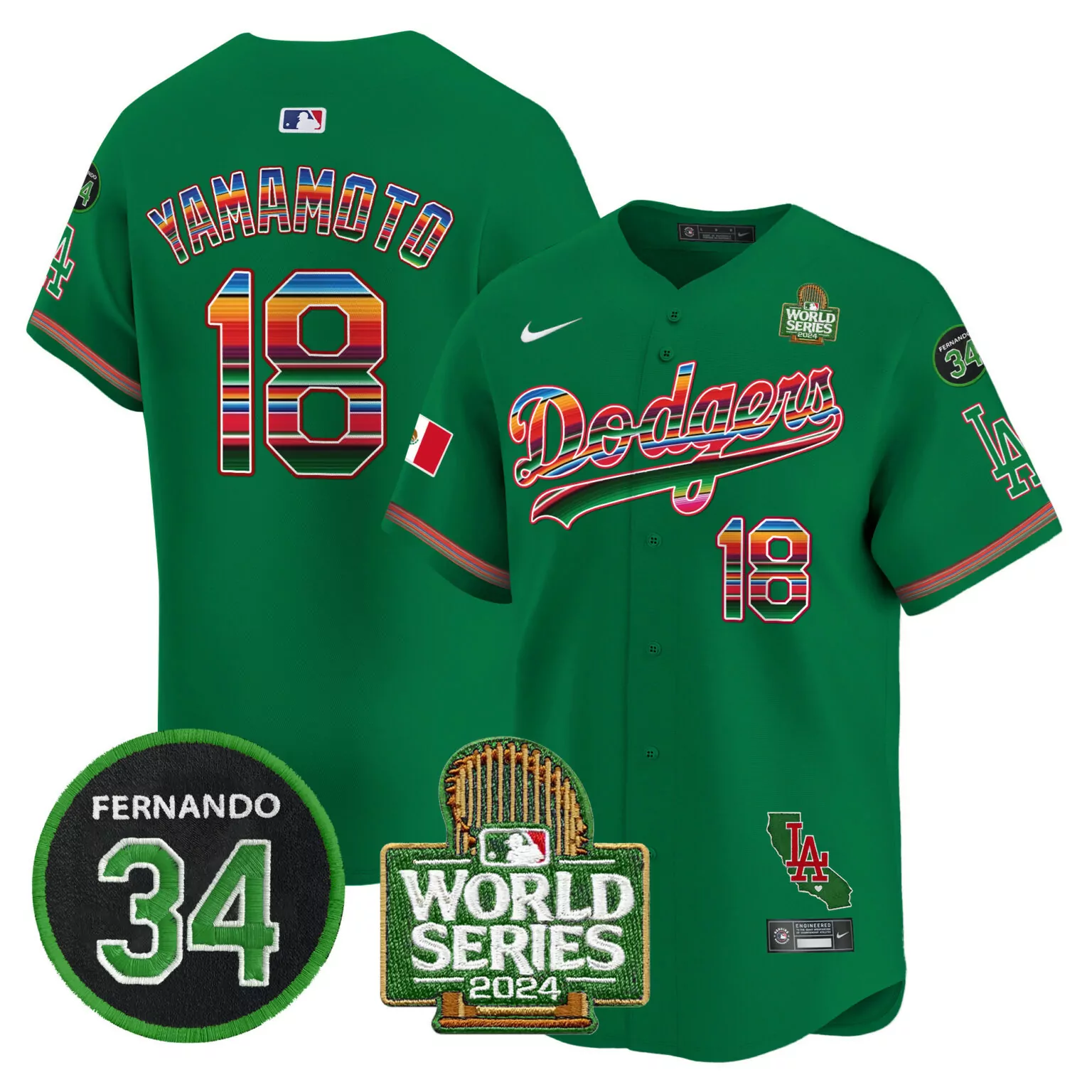 Yoshinobu Yamamoto 18 Jersey Green World Series Los Angeles Dodgers 2024 LA Men Red