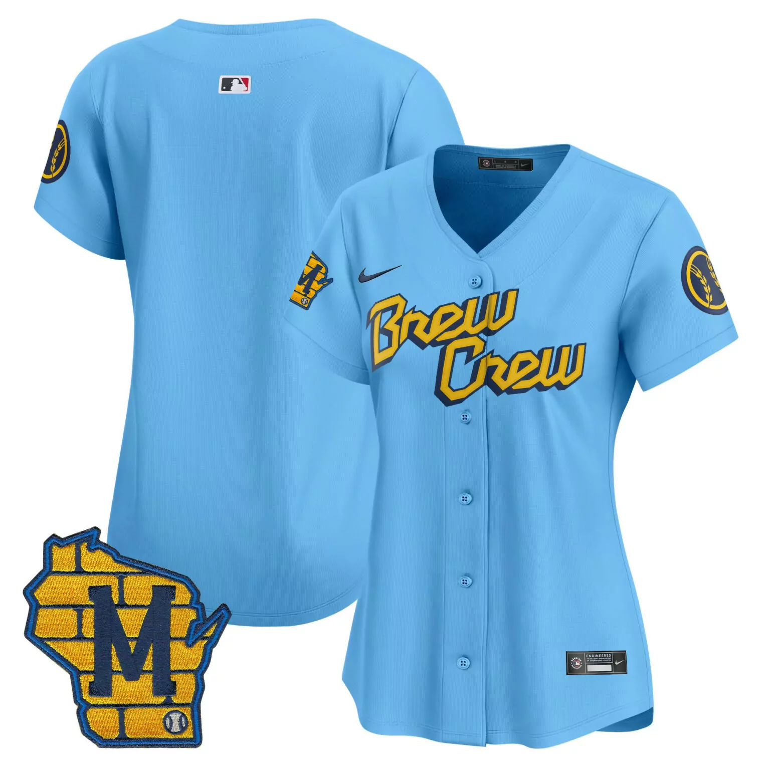 Brew Crew Milwaukee Brewers Jersey Light Blue City Connect Wisconsin Outline Wheat Stalks 2023