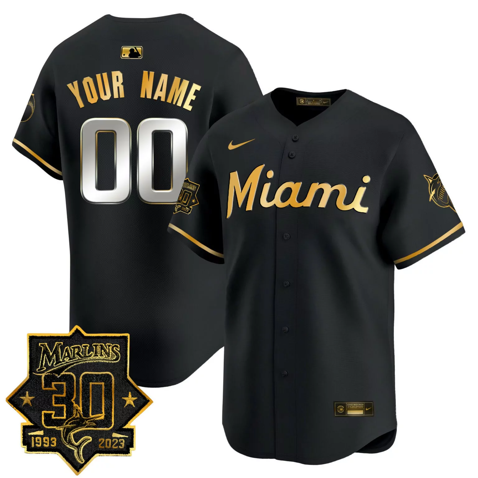 Custom Miami Marlins Jersey Black 30th Anniversary 1993-2023 Gold Vapor All Stitched